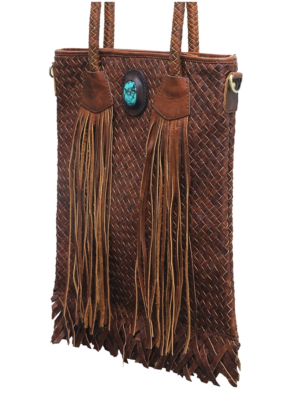 Handwoven Brown Leather Fringe Tote with Turquoise Accent